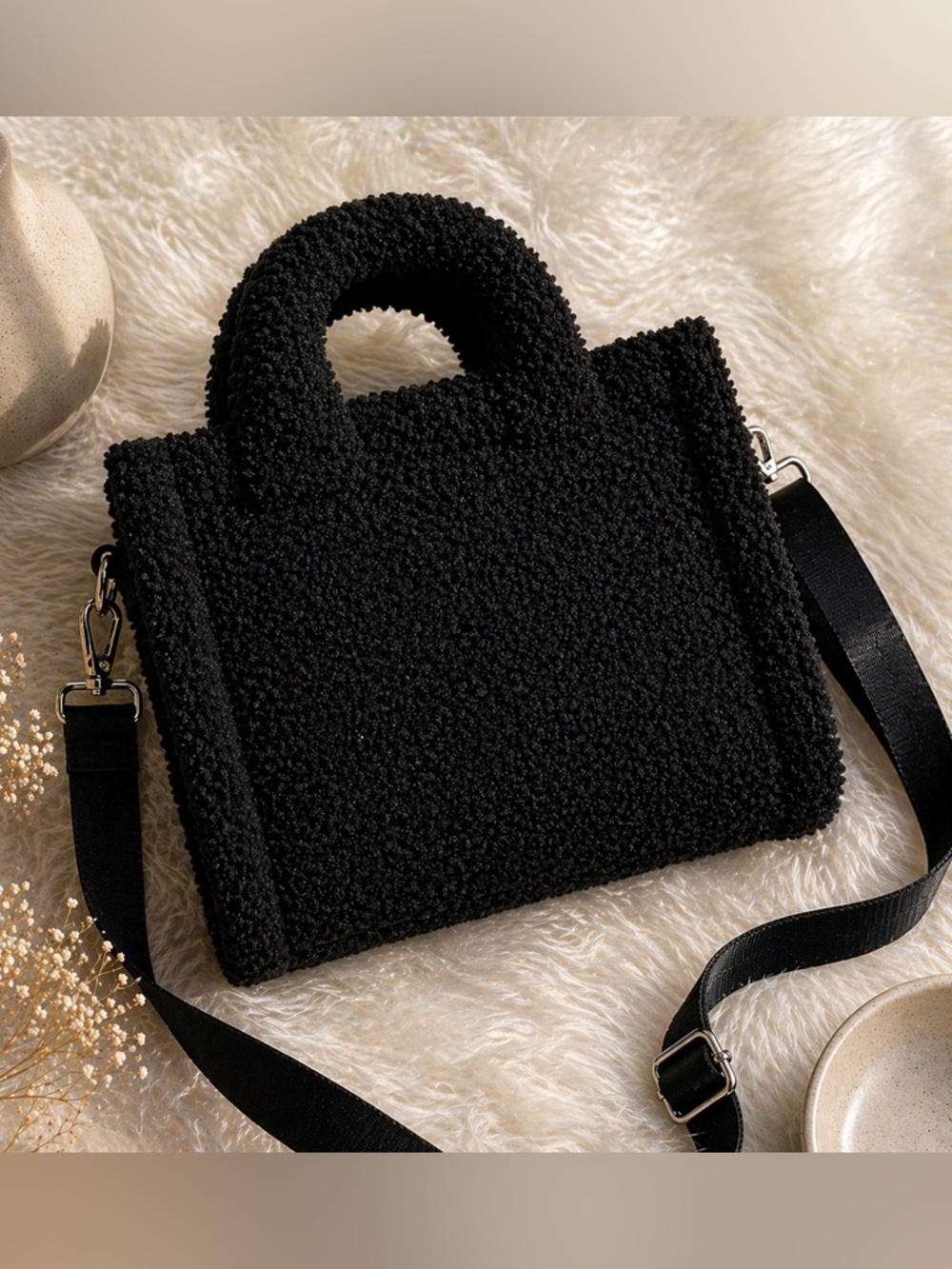 Forever 21 Black Teddy Tote Bag Textured Mini Handbag Crossbody Chic